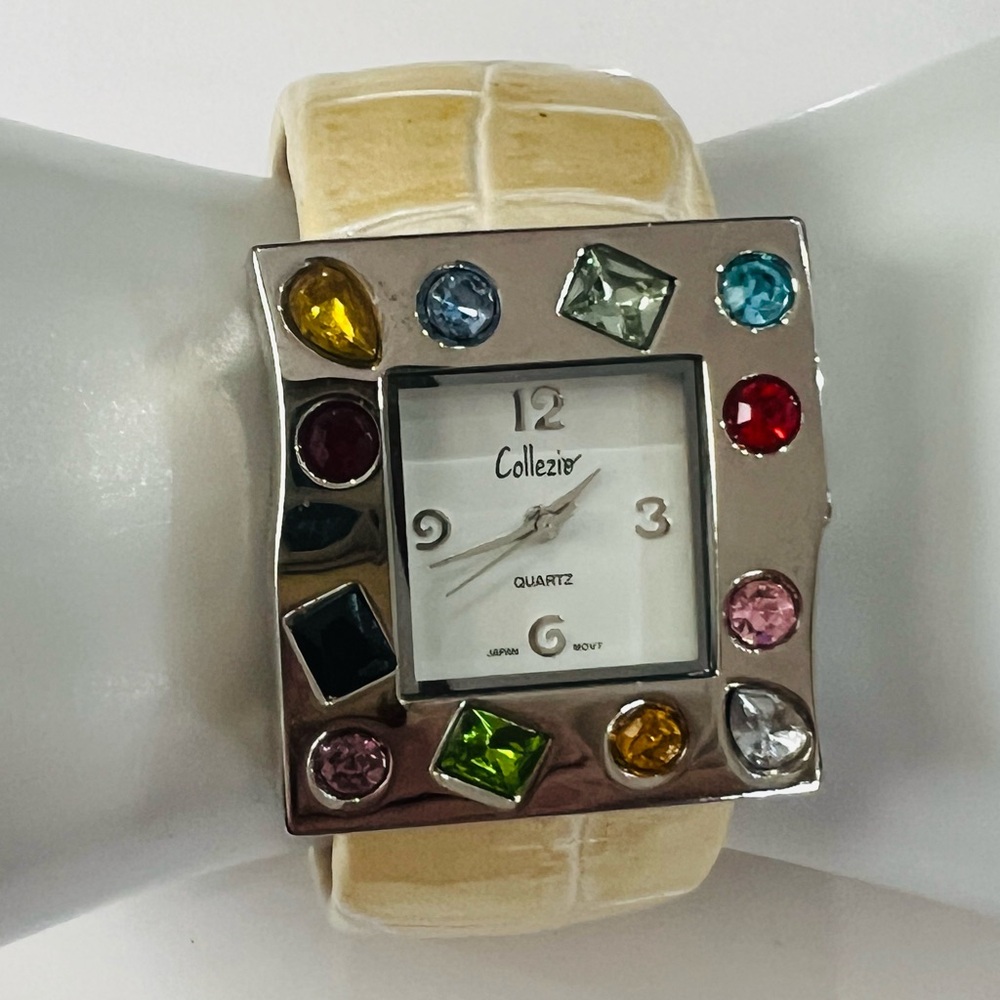Collezio Faux Gemstones silver tone & beige crocodile pattern Cuff Watch